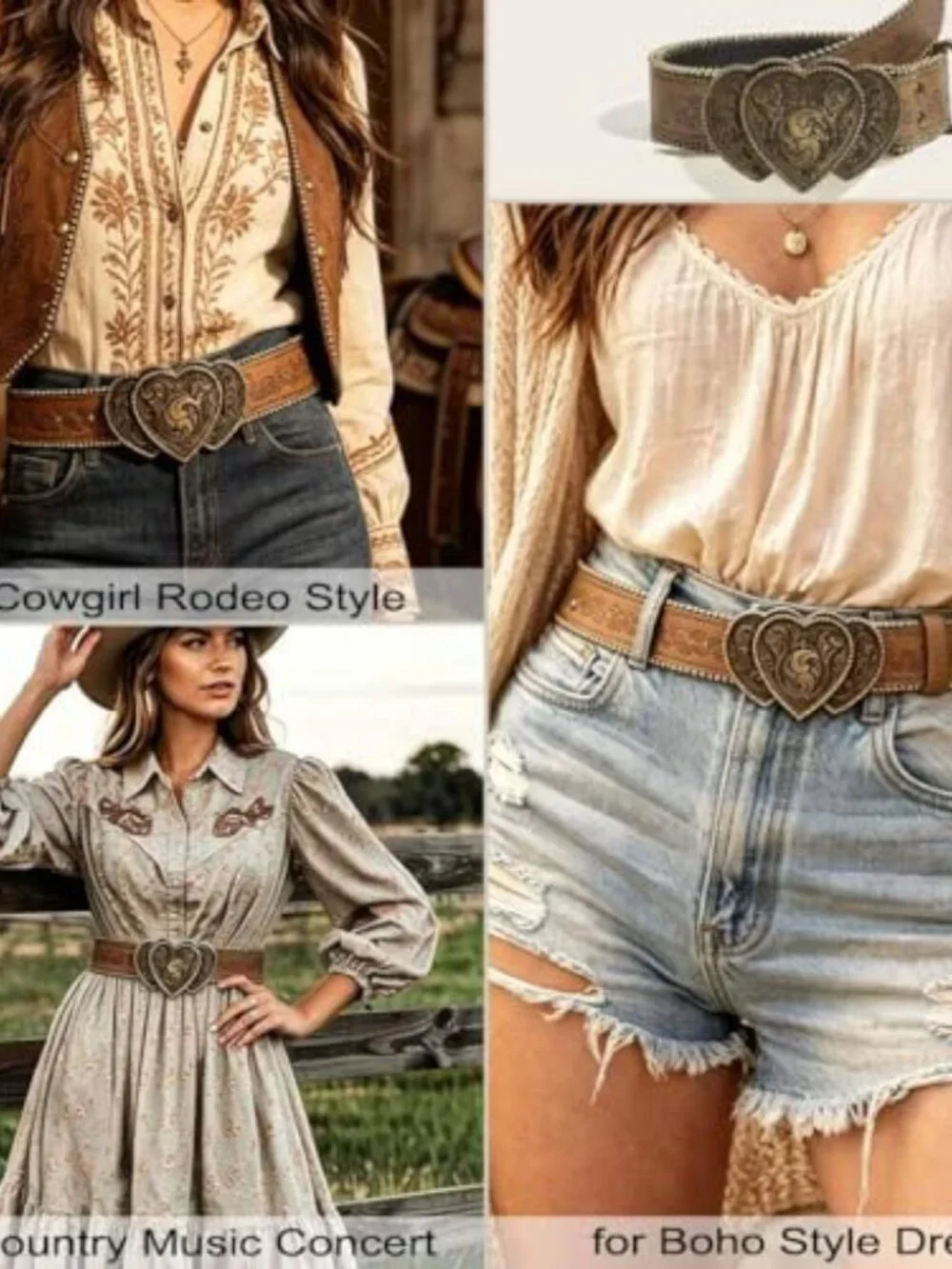 Women Western Belt with Heart Embossed Buckle Vintage Brown Belt for Jeans Pant